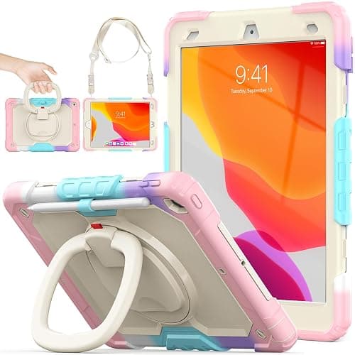 SEYMAC stock Shockproof Tablet Case for iPad 9th/8th/7th Generation 10.2 inch, Full-Body Drop Protection Case with Pencil Holder & [360 Ring Handle Stand] Screen Protector (Colorful Pink) - Image 1