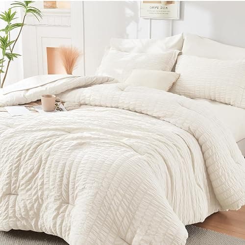 HYMOKEGE Ivory Queen Comforter Set, Seersucker Bed in a Bag Queen 7 Pieces, All Season Luxury Bedding Set with Comforters, Sheets, Pillowcases & Shams - Image 1