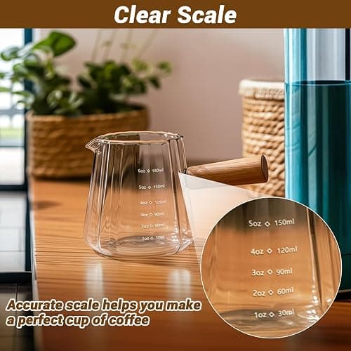 Espresso Measuring Cup 6 Oz, Espresso Glass Cups with Wood Handle, Milk Frothing Cup, Espresso Cup for Coffee, Milk, Tea or Maple Syrup Serving thumbnail 5