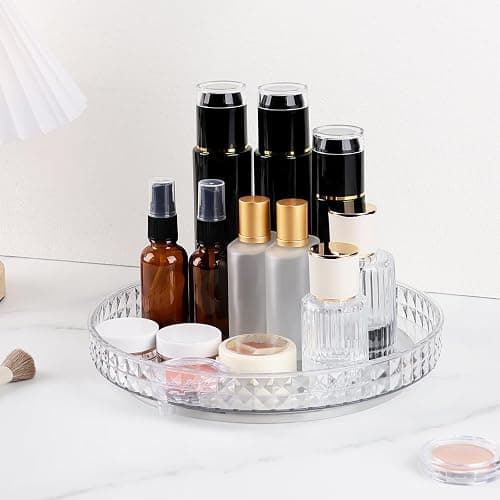 Runivor 360 Clear Rotating Makeup Organize for Vanity,1 Tier Lazy Susan with Diamond Pattern, Large-Capacity Skincare Organizers Cosmetic Display Case Organizer for Dresser (Clear White, 1Tier) thumbnail 2