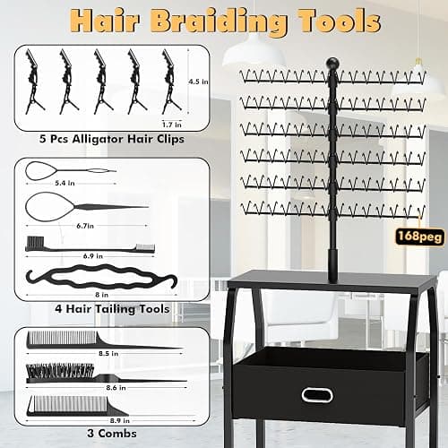 XINTUO Portable Braiding Hair Rack With Wheels & Storage Drawers,168 Pegs Hair Extension Holder Hanger for Braiding Hair Separator Stand Display,Hair rack with stylist hair braiding tools(black) thumbnail 5