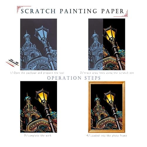 Rainbow Scratch Painting Paper By BOTEEN, City Series Night Scene,Scratch Painting Creative Gift,Scratchboard for Adult and Kids,with 4 Tools,Size:11.7''x8.3''（8pack） - Street corner&pretty girl thumbnail 3