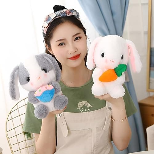 HOUPU Soft Toy - Sitting Lop Eared Rabbit, Easter White Rabbit Stuffed Bunny Animal with Carrot Soft Lovely Realistic Long-Eared Standing Pink Plush Toys (Pink-Strawberry,8.6in/22cm) thumbnail 8