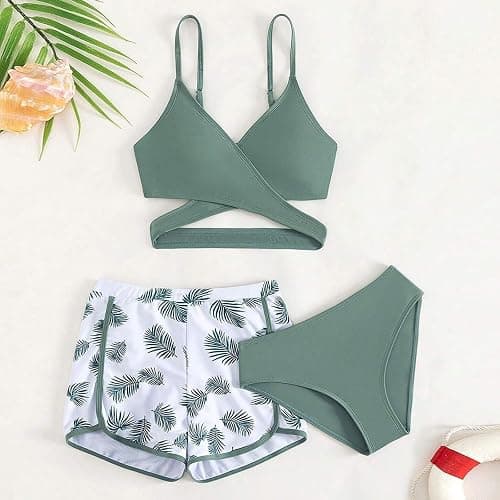 XINYUNZU Mädchen Bikini Set mit Badeshorts Hawaii Badeanzug 3-Teilig Bademode Schwimmanzug Swimsuit Girls Strand Badebekleidung Badeanzüge für Kinder 3-12 Jahre thumbnail 2