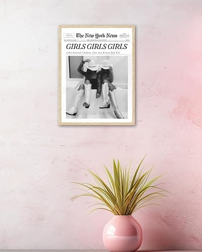 iHery Girls Just Wanna Have Fun Framed Trendy Cowgirl NewsPaper Wall Art, Small 8x10in Natural OAK Wood Black and White Canvas Wall Decor For Bedroom Dorm Living Room,Vintage Bar Car Home 1Pack thumbnail 7