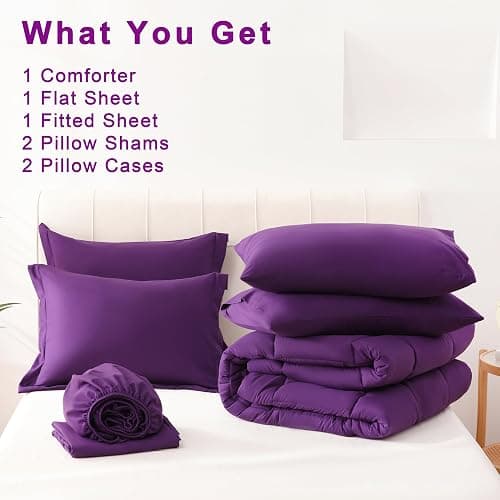 DOWNCOOL Queen Comforter Set, 7Pcs Bedding Sets Queen Dark Purple, All Season Down Alternative Bed in a Bag Queen with Comforter, Flat Sheet, Fitted Sheet, 2 Pillow Shams & 2 Pillowcases thumbnail 6
