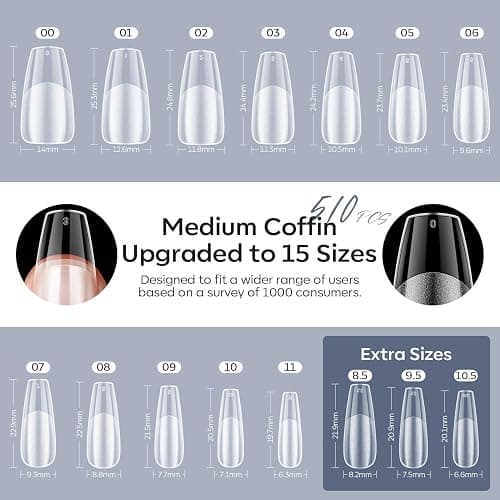 modelones Gel Nail Kit Medium Coffin, Upgrade 510Pcs Fake Nails, 9-in-One Glue Prep Dehydrator & Portable Mini U V Light Acrylic Clipper, Coffin Tips Extension Kit for DIY Salon Home Gifts thumbnail 2
