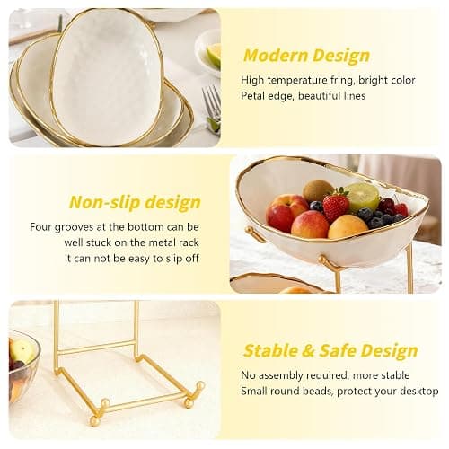 jessie 2 Tier Ceramic Fruit Bowl for Kitchen Counter with Metal Rack, Fruit Basket with Stand, Porcelain Bowls for Vegetable Bread Candy Snack Nuts Dessert Cake Tray (Gold 2 layer) thumbnail 7