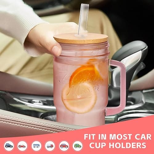 ANOTION Colored Glass Cups with Handle Set of 4, 24oz Glass Cups with Lids and Straws Travel Coffee Mug Bamboo Mason Jar Iced Cup Smoothie Tea Clear Cute Water Drinking Jars Glasses thumbnail 5