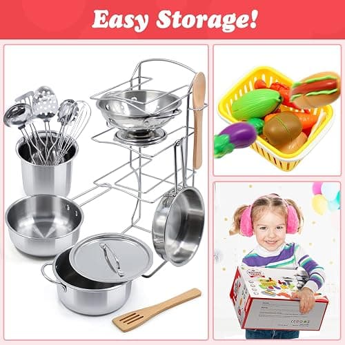 Kids Pretend Play Kitchen Toys Accessories Set, 32 Items Stainless Steel Toy Pots and Pans Sets w/ Rack Organizer, Metal Cooking Utensils & Apron, Play Food w/ Basket for Kids Girls Boys Toddlers thumbnail 8