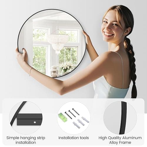 IDEALHOUSE 18 Inch Black Round Wall Mirror, Circle Mirror Metal Frame for Bathroom, Vanity, Entryway, Bedroom, Living Room, Wall Mounted Modern Rustic Decor thumbnail 6