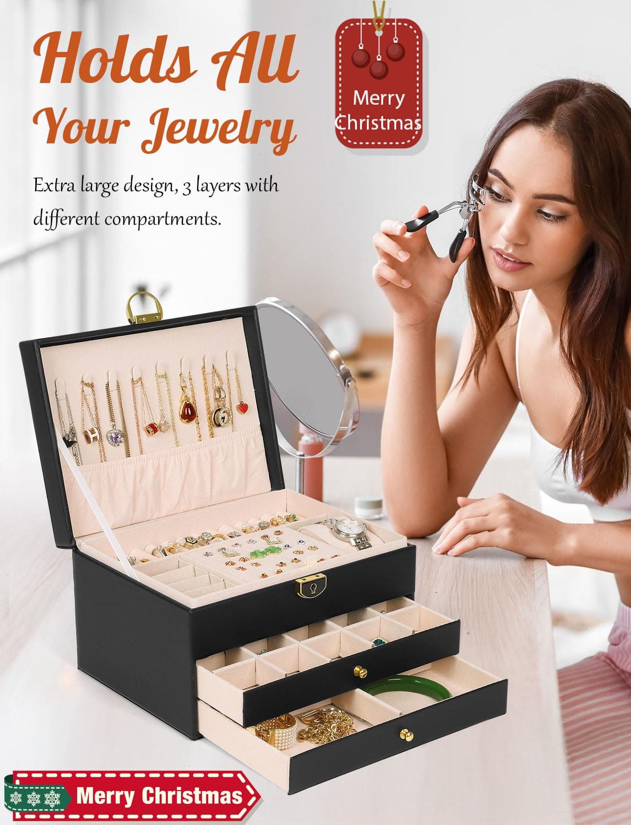 SYCARON Jewelry Box Organizer for Women Girls, 3 Layers Large Jewelry Storage Case with Lock for Necklace Bracelets Earrings Rings Organizer, Black thumbnail 5