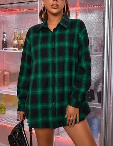 HangNiFang Womens Flannel Plaid Shirts Oversized Button Down Shirts Blouse Tops thumbnail 5