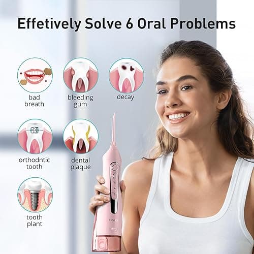 COSLUS Water Dental Flosser Teeth Pick: Portable Cordless Oral Irrigator 300ML Rechargeable Travel Irrigation Cleaner IPX7 Waterproof Electric Flossing Machine for Teeth Cleaning C20(F5020E) Pink thumbnail 7