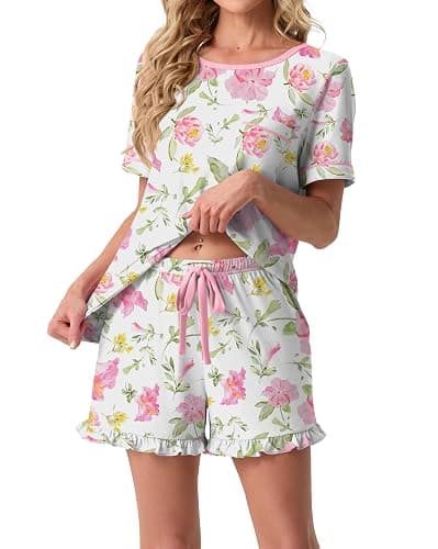 (Size Large) PrinStory Womens Pajama Sets Cute Pjs Short Sleeve Top Ruffle Shorts | Pajama Sets for Women 2 Piece, Lightweight Pj Sets, Soft Lounge Set with Pockets, Women's Sleepwear thumbnail 3