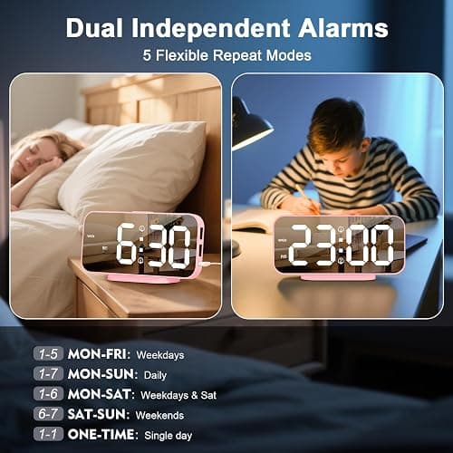 ALANAS Pink Mirror Digital Alarm Clock for Girls & Teens, Dual Alarms, Snooze, Adjustable Brightness, 2 USB Ports, Weekday Display, Cute Bedside Clock for Kids, Bedroom, Desk, Dorm, Gift Idea thumbnail 2