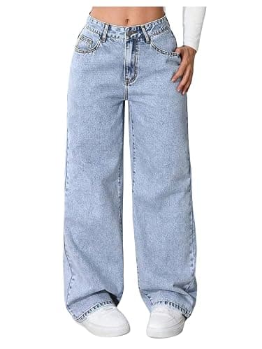 GORGLITTER Girl's Cute Baggy Wide Leg Jeans Elastic High Waisted Denim Pants Bottoms with Pockets - Image 1