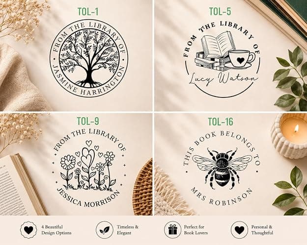 Pickled Stamps from The Library of | Ex Libris | Floral Book Stamp | Personalized Book Embosser | Custom Library Embosser | Self-Inking Wood Handle Floral 2 thumbnail 7