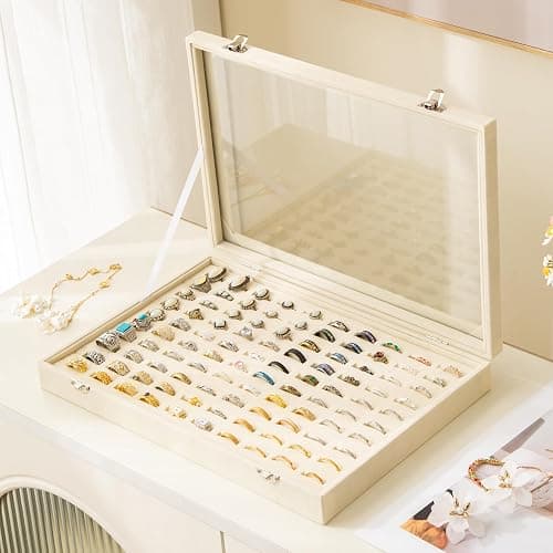 Frebeauty 100 Slots Ring Organizer Tray,Velvet Ring Box with Clear Lid | Velvet Lining Provides Protection,Fits Rings of Various Sizes,Glass Lid Jewelry Tray,for Personal Use and Ring Display thumbnail 7