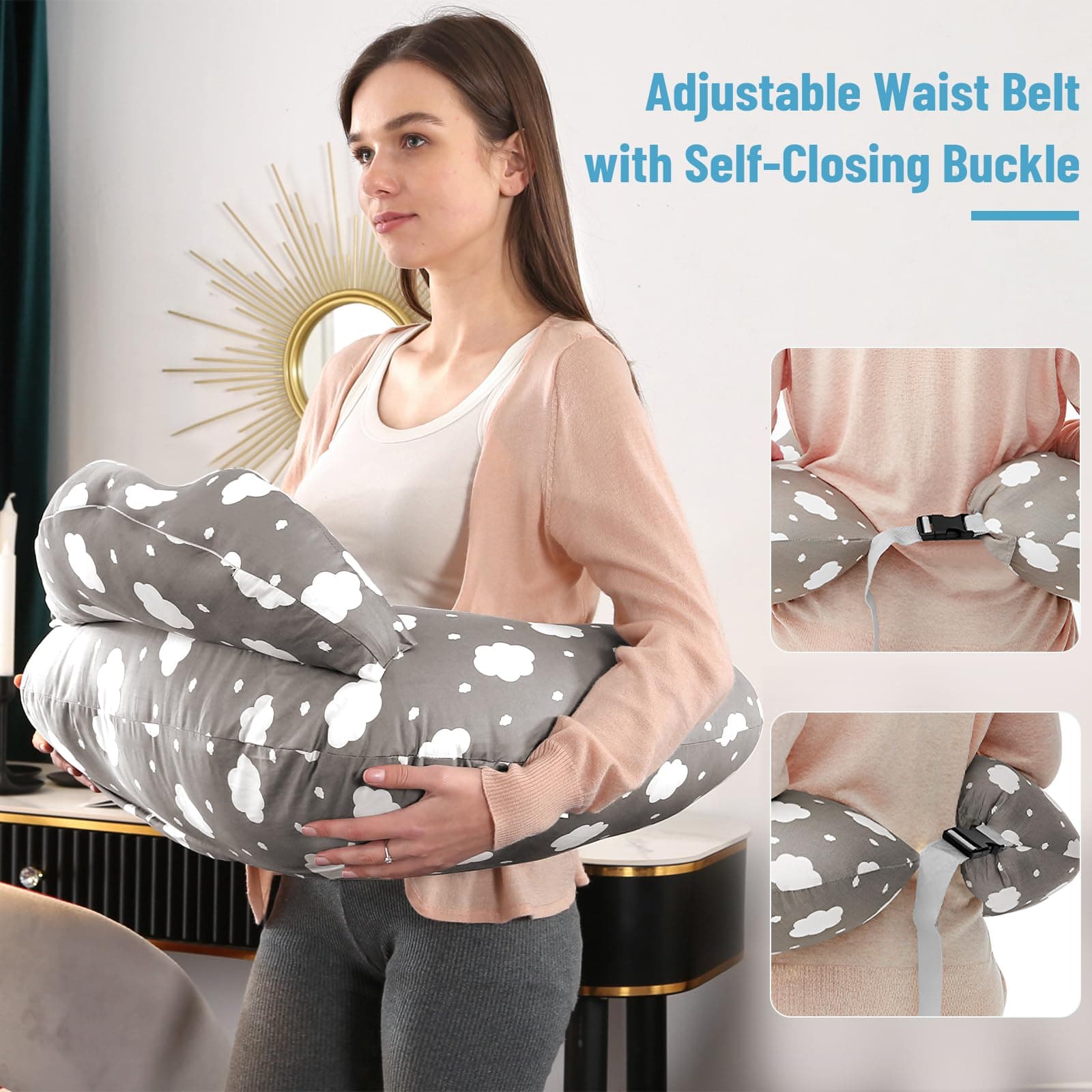 Nursing Pillow for Breastfeeding, Multifunctional Breast Feeding Pillow with Adjustable Waist Strap and Safety Fence, 100% Cotton Removable Pillowcase, Pregnancy Gift Grey thumbnail 2