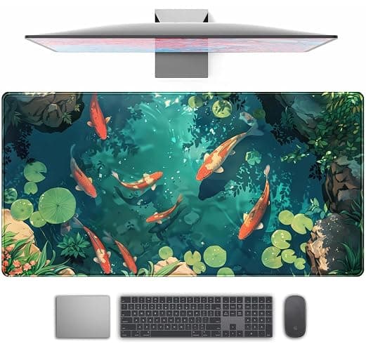 Koi Fish Desk Mat Gaming Koi Pond Desk Pad Large Cute Mouse Pad, Goldfish Mouse Mat XXL Laptop Keyboard Pad, Blue Waters Gamer Mouse Pad Full Mousepads Cool Office Accessories 31.5"x15.7" - Image 1