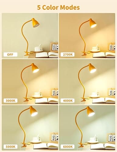 BOHON Clip on Light, 10W 38 LED Desk Lamp with Clamp, 5 Color 10 Brightness Auto Off Timer, Flexible Neck Clip Lamp, Desk Lights for Office Home Bed Bedside Reading, Bright Yellow thumbnail 2
