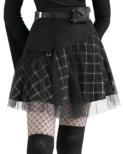 PUNK RAVE DAILY Women Gothic Skirts Women Goth Mini Plaid Skirt with Tulle Punk Dunk High Waist A-Line Party Skirt - Image 1