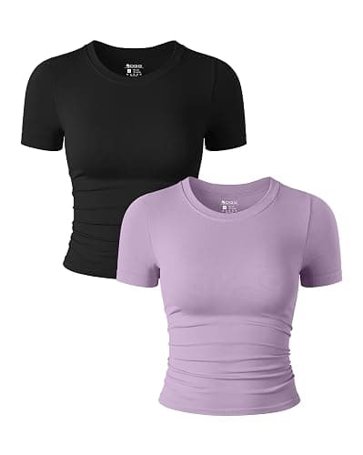 OQQ Womens 2 Piece Shirts Short Sleeve Crew Neck Ruched Stretch Fitted Tee Shirts Crop Tops - Image 1