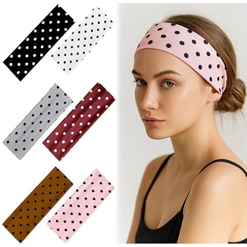 POZHDA 6 PCS Polka Dot Headband, Polka Dot Headbands Elastic Headbands for Women, Non-Slip Fashion Hair Accessories, Soft Wide Headband for Yoga, Running, Workout, Washing Face and Social Gatherings - Image 1