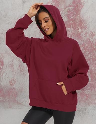 Burgundy Lauweion Women Solid Basic Fleece Letter Loose Hoodie Sweatshirt Long Sleeve Kangaroo Pocket Drop Shoulder Pullovers Top thumbnail 8