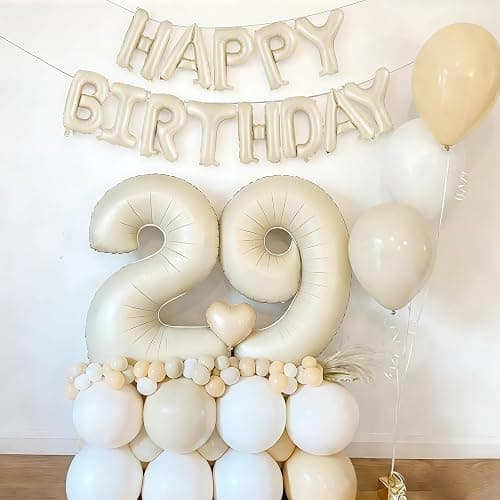 Beige Happy Birthday Ballons Banner,Happy Birthday Luftballon Girlande 16 Zoll Silver Folie Happy Birthday Folienballon Luftballon Helium Ballon Geburtstagsballon Banner für Geburtstag Party thumbnail 5