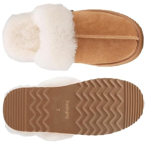 Parfeying Women's Shearling Slippers Genuine Leather with Rubber Sole, Sheepskin Fuzzy Indoor Outdoor Shoes for Home thumbnail 5
