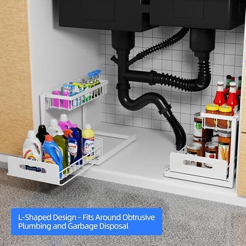 Lxmons 2-Tier Under Sink Slide Out Organizer, 2 Pack Pull Out Cabinet Storage Shelf with Sliding Wire Basket Drawer for Bathroom Kitchen, Countertop or Pantry Shelf, White thumbnail 3