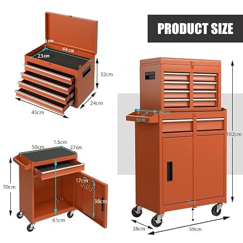COSTWAY Large Rolling Tool Cabinet, 2-in-1 Detachable Metal Tool Chest with Drawers, Wheels, Handle & Hooks, Lockable Tool Box Trolley for Garage Workshop (5 Drawer with Adjustable Shelf, Orange) thumbnail 3