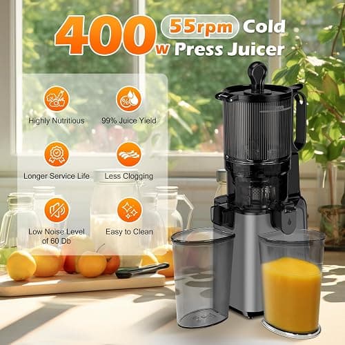 Juicer Machines with 5.8" Large Feed Chute, Cold Press Juicer for Whole Vegetables and Fruits 400W, Slow Masticating juicer Easy to Clean Juice Extractor Machine High Juice Yield thumbnail 5