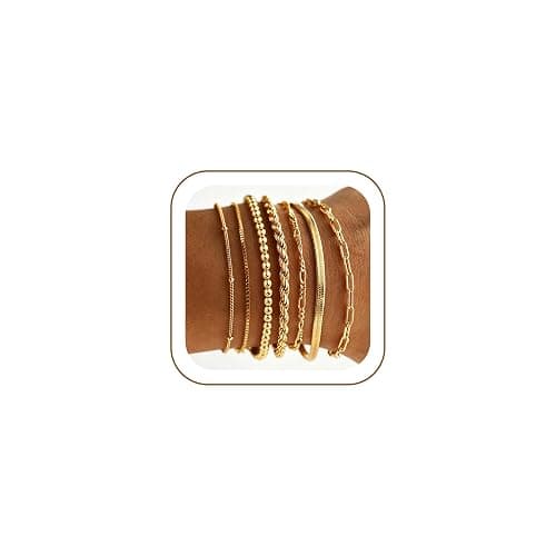 M MOOHAM 7PCS Gold Bracelets for Women, 14K Gold Plated Beaded Bracelet Set | Rope Paperclip Chain Stackable Bracelet, Non Tarnish Bracelet Stack, Friendship Birthday Jewelry, Gifts for Women Teen Girls - Image 1