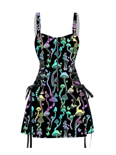 DRESSFO Women’s Gothic Buckle Strap Mini Dress – Lace Up Zipper Dress in Multiple Prints thumbnail 2