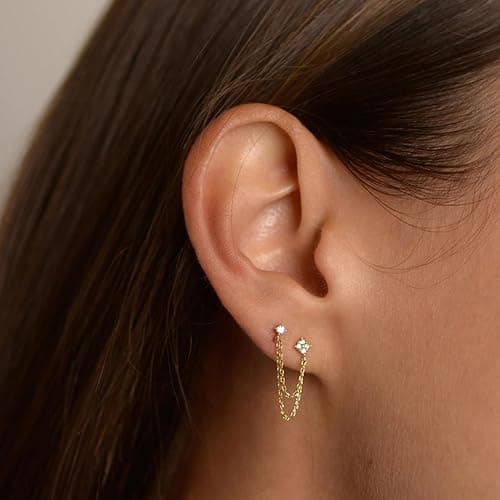 Frodete Double Piercing Earrings Gold Chain for Women Elegant Double Hoop Jewelry Set for Two Holes Everyday Wear Double-Piercing Chains Earring Set thumbnail 4