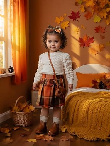 Toddler Baby Girl Plaid Dress Puff Sleeve Bow Patchwork Ribbed Shirts Dress Plaid Fall Winter Outfits with Headband thumbnail 2