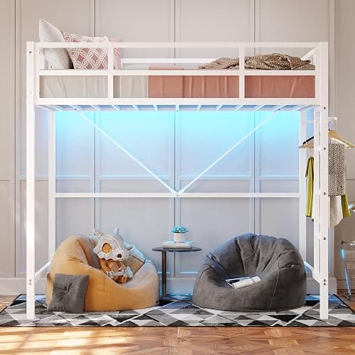 DICTAC Loft Bed Twin Size with Ladder and Guardrail,Metal Twin Loft Bed for Kid/Teen with Led Lights,Small Space Saving Furniture Design for Bedroom,Kid Room and Dorm,No Box Spring Needed, White thumbnail 3