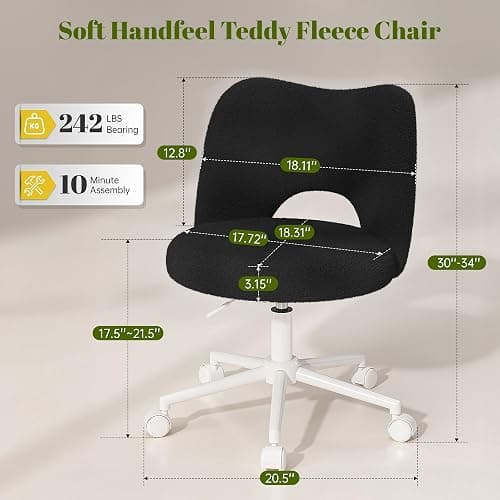 DurayLoly Small Vanity Chair with Silent Wheels Black, Cute Vanity Chair with Back,Ultra-Plush Fleece Cute Desk Chair, Small Office Chair Height Adjustable,for Make-up Room,Bedroom thumbnail 2