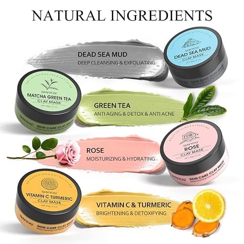 SHVYOG 4Pcs Face Mask Set - Turmeric Clay Mask, Vitamin C, Green Tea, Rose, Dead Sea Mud Mask, Skin Care Mask for Deep Cleansing, Refining Pores, Stocking Stuffers for Women, Gifts for Women- 240g thumbnail 5