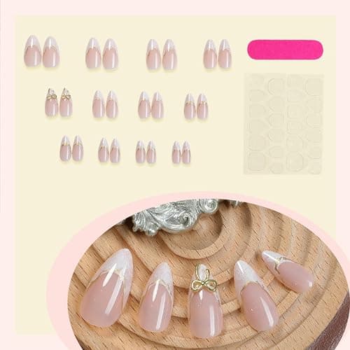 French Tip Press on Nails Medium Almond Fake Nails with Designs Gold Bow Glue on Nails White Acrylic False Nails Reusable Artificial Nails Press ons Glossy Full Cover Stick on Nails for Women - Gold Bow thumbnail 5