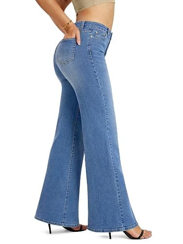 QICAMO High Waisted Wide Leg Flared Jeans for Women, Stretchy Loose Bell Bottom Jean with 5-Pocket thumbnail 2