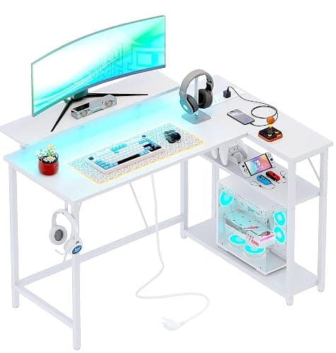 Xyphren L Shaped Gaming Desk with RGB LED Lights & Power Outlets, 120 * 80 cm Small Computer Desk with Adjustable Shelves, Corner Office Desk for Study Workstation, White - Image 1