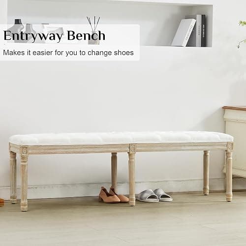 LOULENS 57.7" Linen Fabric End of Bed Bench, French Upholstered Button Tufted Bench for Bedroom End of Bed, Window Seat with Carved Wood Legs for Bedroom, Living Room, Entryway, White thumbnail 8