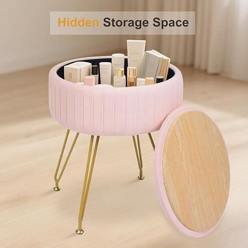 xupersodys Round Vanity Stool with Storage Ottoman, Vanity Chair for Makeup Room with Removable Cover, Small Footrest Ottoman for Home, Living Room, Bedroom (Pink) thumbnail 5
