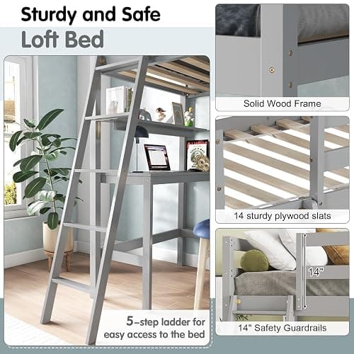 (PURCHASED) KOTEK Twin Loft Bed with Desk & Storage Shelves, Solid Wood Loft Bed Frame with Bookcase, Ladder, Guardrails, Twin Size Loft Bed for Kids, Teens, Drom, Apartment (Grey) thumbnail 5