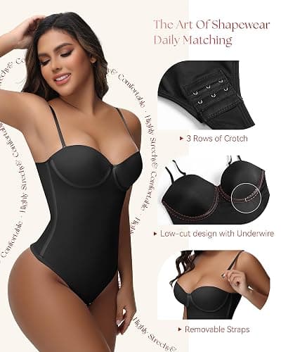 SHAPSHE Strapless Shapewear Corset Bodysuit Tops for Women Tummy Control V Neck Thong Body Shaper Going Out Outfits thumbnail 3