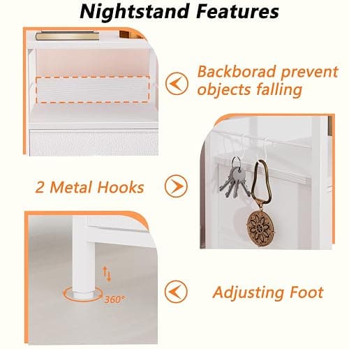 Furologee Nightstand with 2 Fabric Drawers, White Bedside Table with 2-Tier Shelf, Side Table with Hooks and Wood Top for Bedroom/Living Room/Hallway/White - White - 1pc thumbnail 7